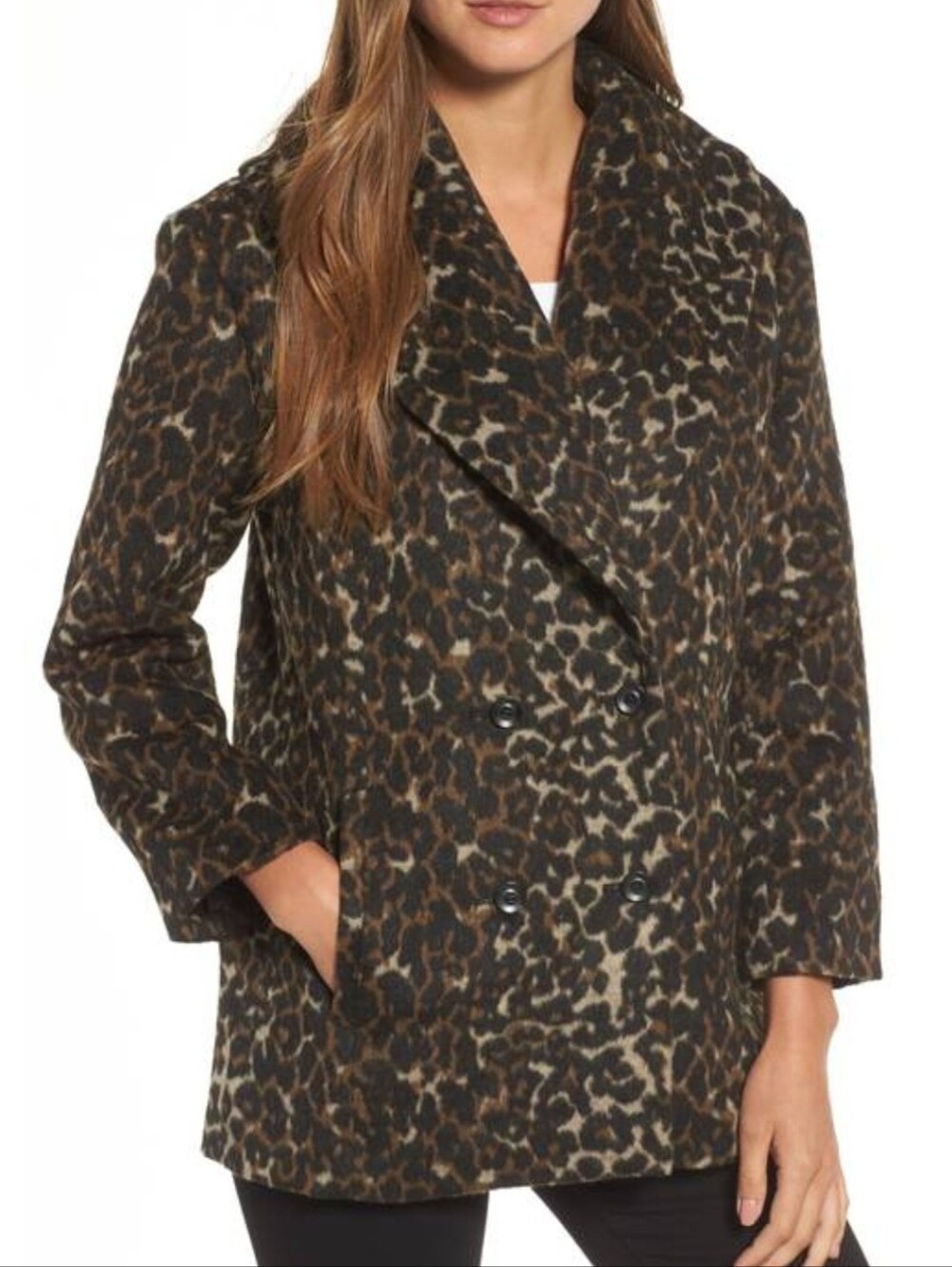 Hinge Designed In Seattle Double Breasted Leopard Peacoat In Brown Black Size XL